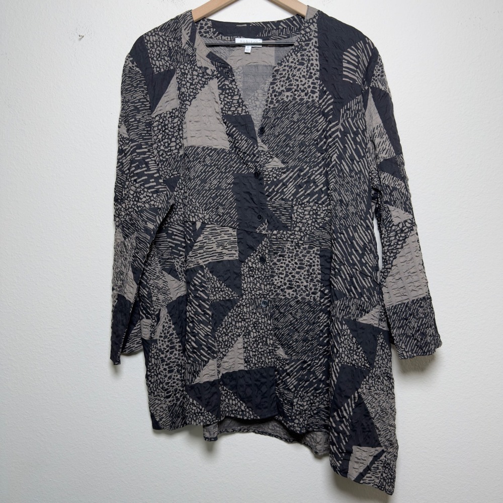 Habitat Women Blouse XL Gray Black Geometric Crinkle Asymmetric Lagenlook Artsy